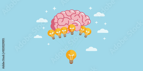 A creative brain concept with light bulbs ascending like hot air balloons