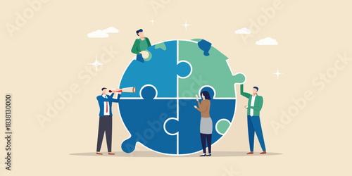 People collaborating around a puzzle globe symbolizing teamwork and global connection