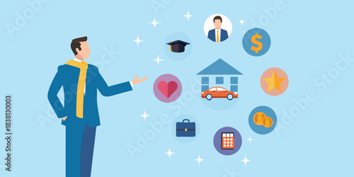 A man contemplating life choices represented by floating icons around him