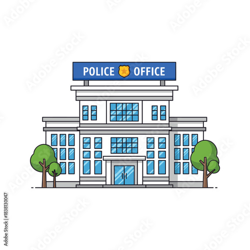 Police office building with signboard and trees