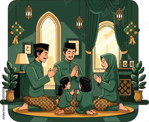 A Muslim family wearing traditional green clothing and praying together on a mat in a green room with arched windows.