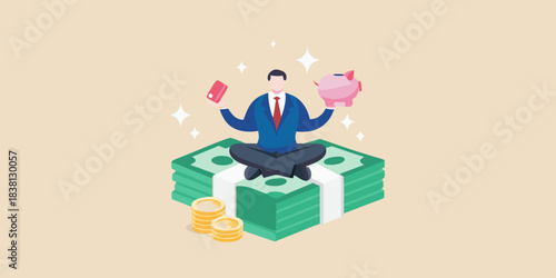 A businessman balances finances with a piggy bank and stacks of cash