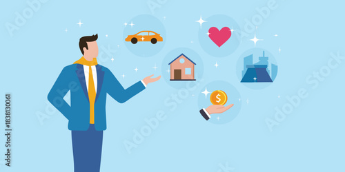 A man presenting dreams of wealth home love and travel