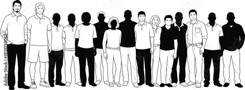 Diverse Multi-Ethnic Group of Standing People in a Line, Representing Community, Diversity, Society, Teamwork, and Workforce, Black and White Vector Illustration.