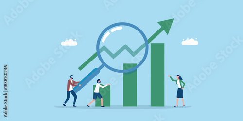 Analyzing growth trends people examining rising chart with magnifying glass