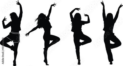 Dynamic female dancers black silhouette vector illustration set, modern ballet, contemporary hip-hop group, stylized graceful studio exercise, artistic women choreography poses.Dynamic female 