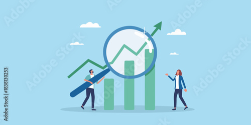Analyzing market growth with a magnifying glass and team collaboration