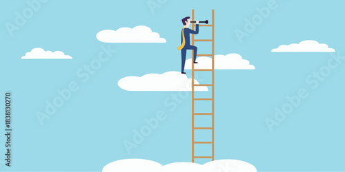 A businessman climbs a tall ladder towards the clouds with a telescope