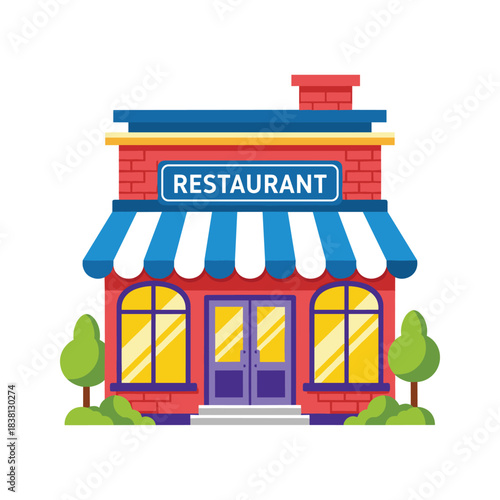 Colorful restaurant building with blue awning and red brick