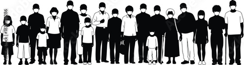 Diverse, Multi-Generational Group of People Wearing Protective Medical Face Masks, Standing Together in a Crowd, Representing Public Health and Social Distancing Awareness.
