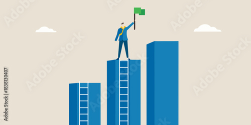 A businessman reaches the summit raising a flag on top of a bar graph