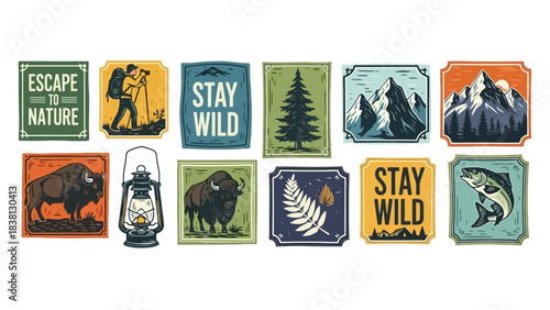 A collection of vintage-style outdoor adventure emblems and patches for camping, hiking, and wilderness exploration