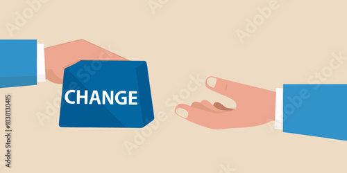 Hands exchanging a blue cube with the word change written on it