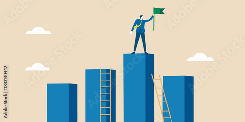 A successful businessman plants a flag atop a growing bar graph