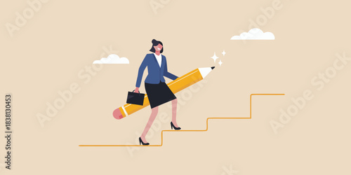 Woman climbing stairs made of pencil lead symbolizing career growth and progress