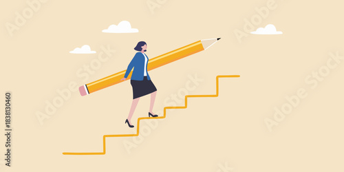 Woman carrying a giant pencil climbs stairs towards success and achievement