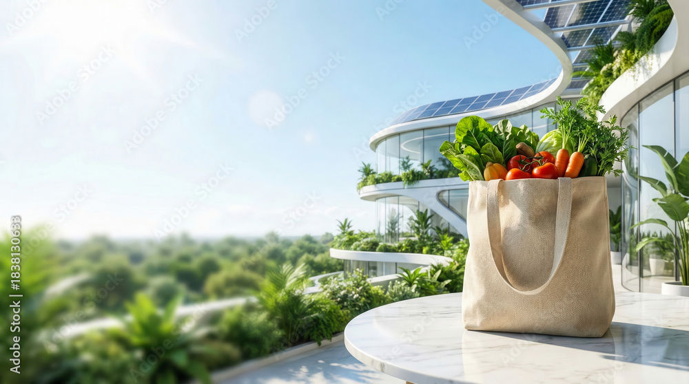 Fototapeta premium Healthy harvest of fresh organic vegetables in a reusable linen bag, placed on a sunlit table with a blurred background of a high-tech green sustainable city.