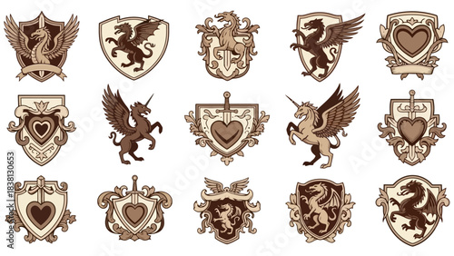 Collection of Heraldic Crests A Variety of Designs Featuring Mythical Creatures and Symbols for Decorative Use