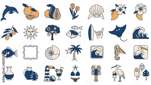 Collection of tropical and ocean-themed vector icons for summer and vacation designs