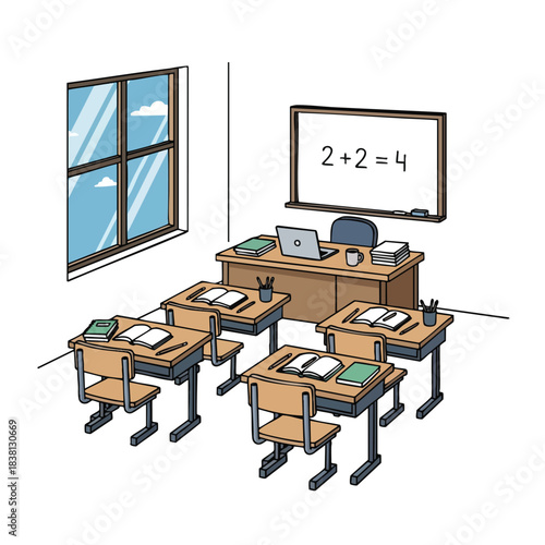 Classroom Setting with Desks and Whiteboard