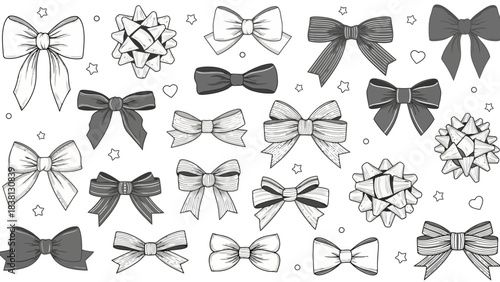A charming array of hand-drawn decorative bows and ribbons, perfect for adding a touch of elegance and festive flair to any design or celebration-themed project