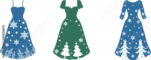 Winter fashion dresses, snowflake pattern, festive clothing, holiday outfit design, seasonal wear, Christmas theme, stylized vector illustration, elegant winter apparel, decorative garment art