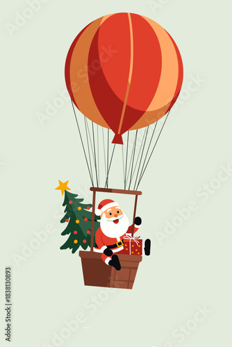 Santa Claus in a hot air balloon with Christmas tree and gifts