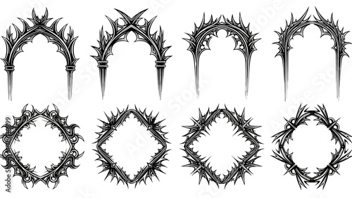 Gothic Archways and Ornate Geometric Frames in Black and White Illustration