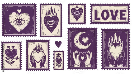 Hand-drawn collection of fantasy love stamps showcasing symbolic hearts, all-seeing eyes, fiery passion, and moonlit embraces in a stylized, soulful design
