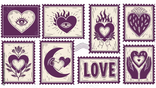 Collection of mystical purple heart illustrations presented as decorative postage stamps, symbolizing love, spirituality, and emotion with intricate folk art elements and ethereal designs