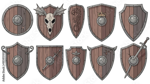Conceptual collection of diverse medieval and fantasy shields, featuring wooden bucklers, warrior gear, and ornate heraldic emblems. Ideal for game assets, historical graphics, and creative design