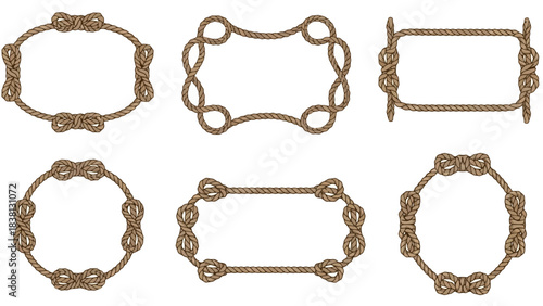 Collection of six decorative rope frames with knot accents, perfect for nautical themes and creative projects