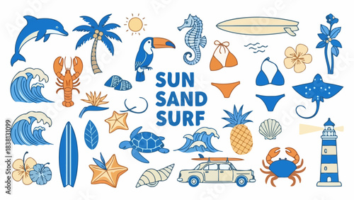 Summer Beach Adventures Sun, Sand, and Surf Icons Featuring Marine Life, Flora, and Fun