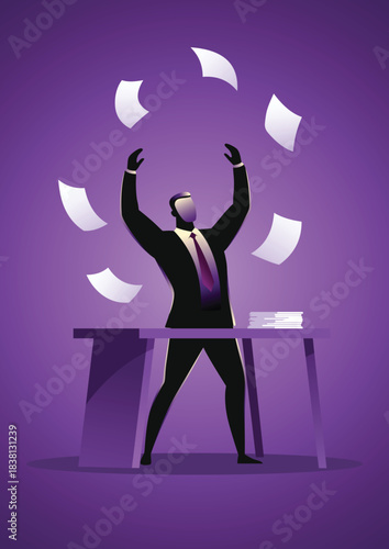 Faceless businessman tossing papers above desk on purple background. Represents stress relief, freedom, victory, workload release, motivation, and business emotion.