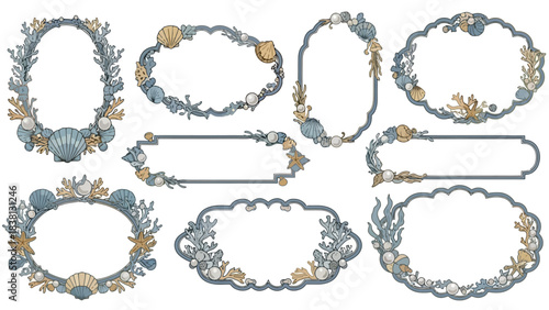 Elegant Ocean Frames with Shells, Coral, and Seaweed, Perfect for Aquatic Designs and Invitations