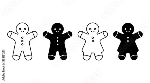 Outline and black gingerbread man and woman cookies icon set. Simple Christmas bakery symbols for holiday graphic design. Vector illustration