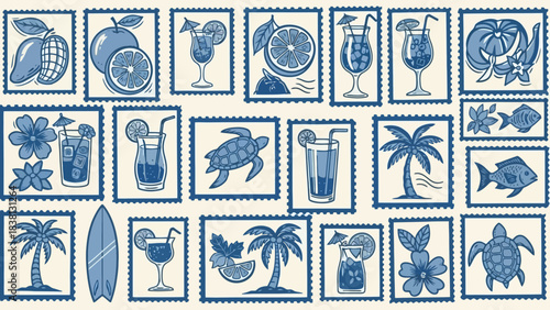 Collection of Tropical Postage Stamps Featuring Fruits, Drinks, Animals, and Nature Elements