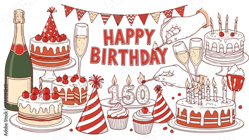 Vibrant birthday celebration illustration featuring delicious cakes, champagne, and festive decorations, highlighting a special 150th anniversary or milestone event