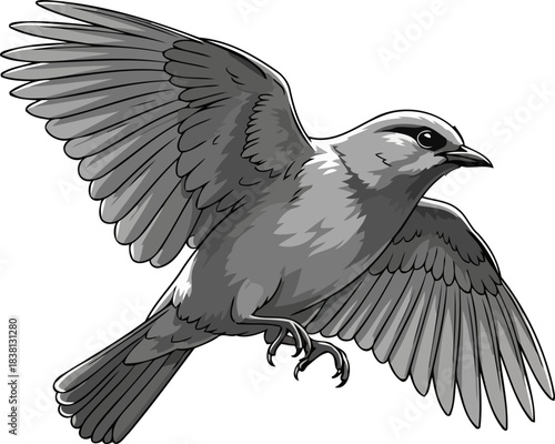 vigor dynamic greyscale bird in flight, symbolizing progress and boundless potential, isolated on transparent background