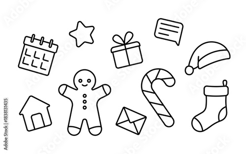 Set of holiday line icon for Christmas and New Year celebration. Festive for winter graphic design element. Simple symbol for seasonal decoration. Vector illustration