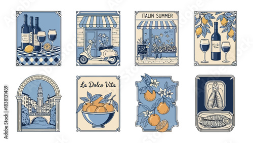 Charming Italian Summer Scenes Wine, Vespa, Lemons, and Delightful Culinary Delights in Vintage Style