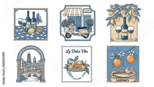 Collection of Italian-themed Illustrations Wine Bottles, Vespa, Lemons, Oranges, Architecture, and Sardines