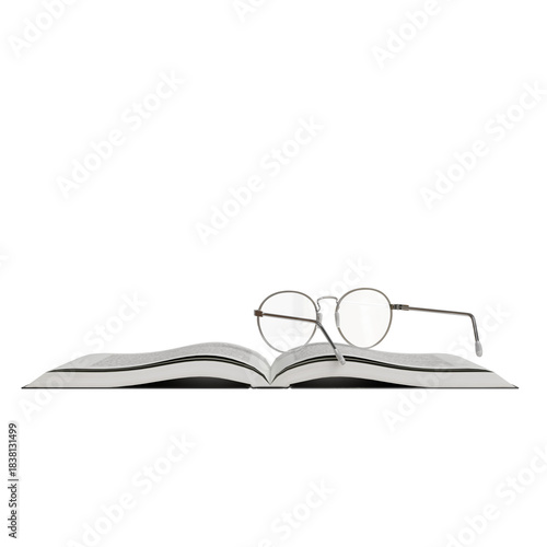 Open book with reading glasses resting on pages is set against plain background in a study space