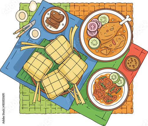 Overhead view of assorted Southeast Asian dishes on colorful placemats and plates.