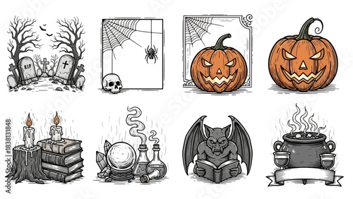 Spooky Vintage Halloween Illustration Collection Featuring Hand-Drawn Jack-o'-Lanterns, Graveyards, Mysterious Creatures, Witchy Brews, and Eerie Decorative Elements