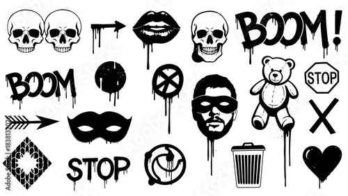 A collection of monochrome street art elements in a dripping graffiti stencil style, featuring skulls, hearts, and urban symbols