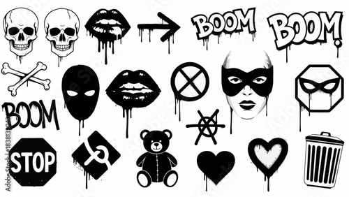 Graffiti Style Icons Skulls, Lips, Hearts, and More for Urban Art Design