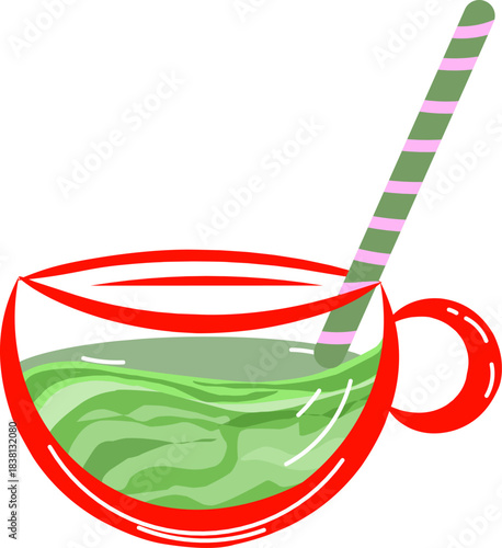 A transparent cup with a red rim, filled with a green swirling drink and a striped straw, an element for cafe or winter drink designs.