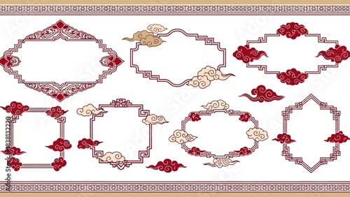Elegant collection of traditional Chinese style vector frames with ornamental red cloud designs and decorative borders