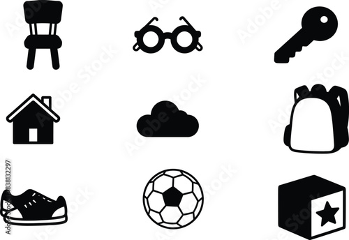 Set of 9 Simple Black and White Icons Representing Various Objects and Concepts
